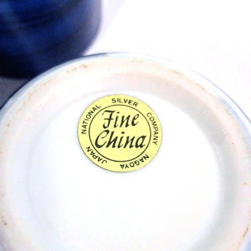 Set Of 5 Japan National Silver Company Etched Blue & White Saki/Tea Cups.